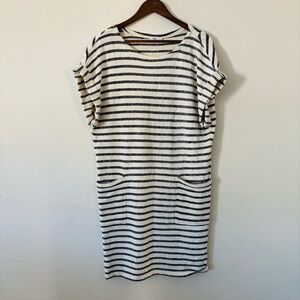 Closed‎ Navy Blue Cream Striped Double Pocket Short Sleeve Sweater Dress Small